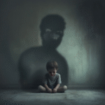Sad Child Alone In Dim Room With Looming Shadow